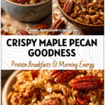 Bowl of maple pecan homemade granola healthy mix with gluten free oats and crunchy pecans on parchment.